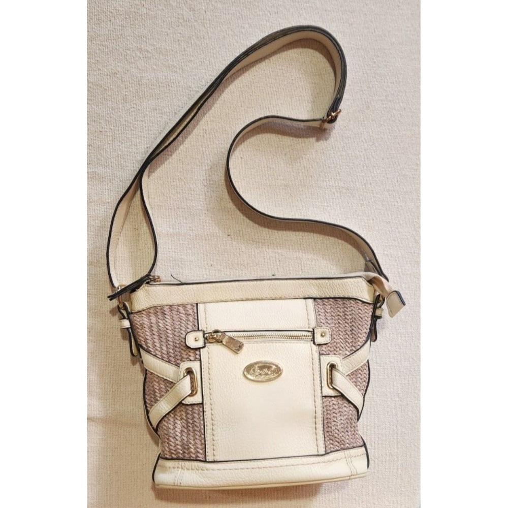 BOC Born Concept Handbag Purse White Faux Leather Woven Straw Zippered Pockets